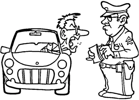 Coloring page policeman prints a ticket